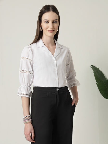 Style Quotient Women Solid White Regular Fit Lace Insert Formal Shirt