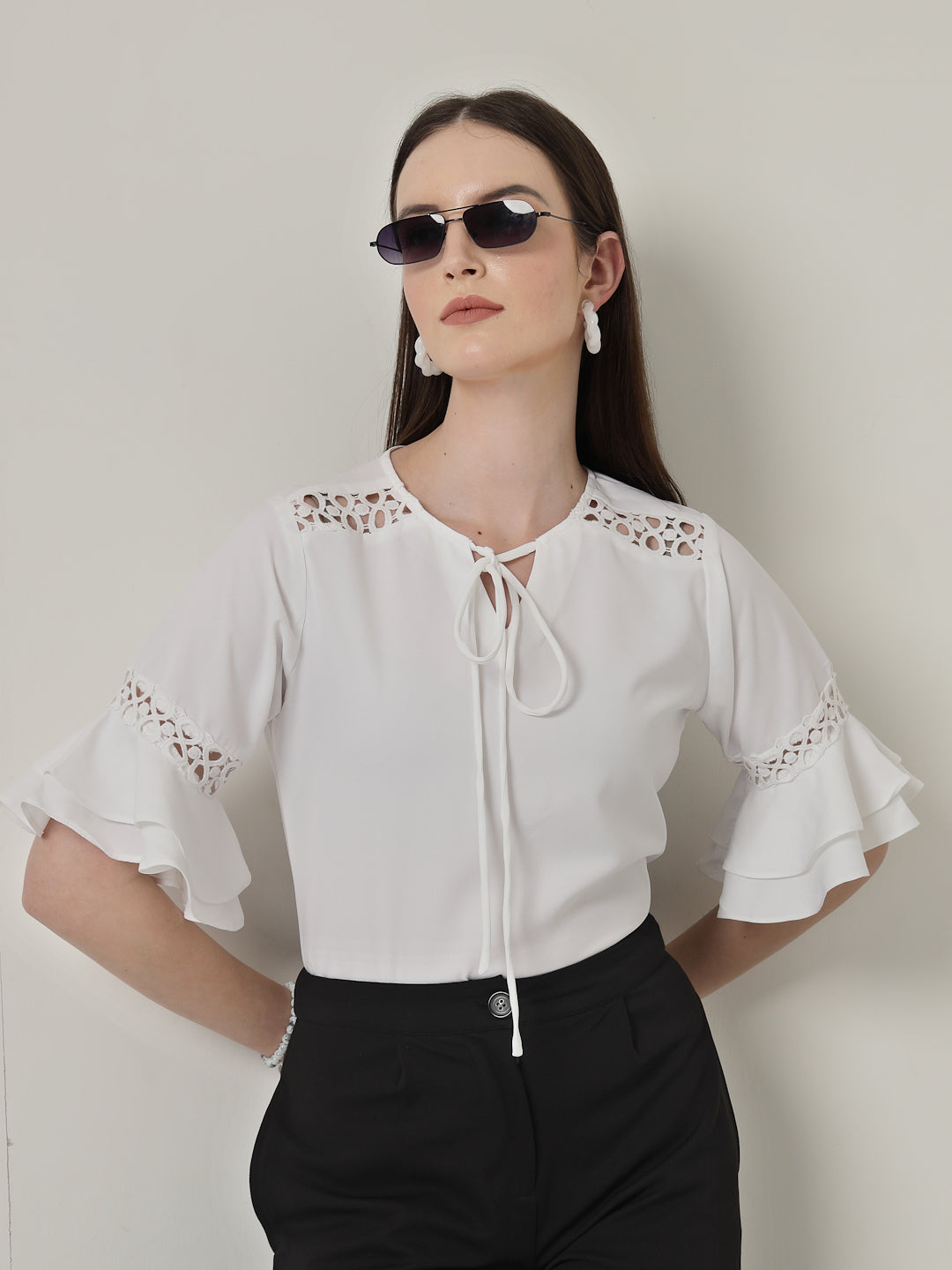 Style Quotient Women Solid White Polymoss Regular Fit Smart Casual Lace Insert Top