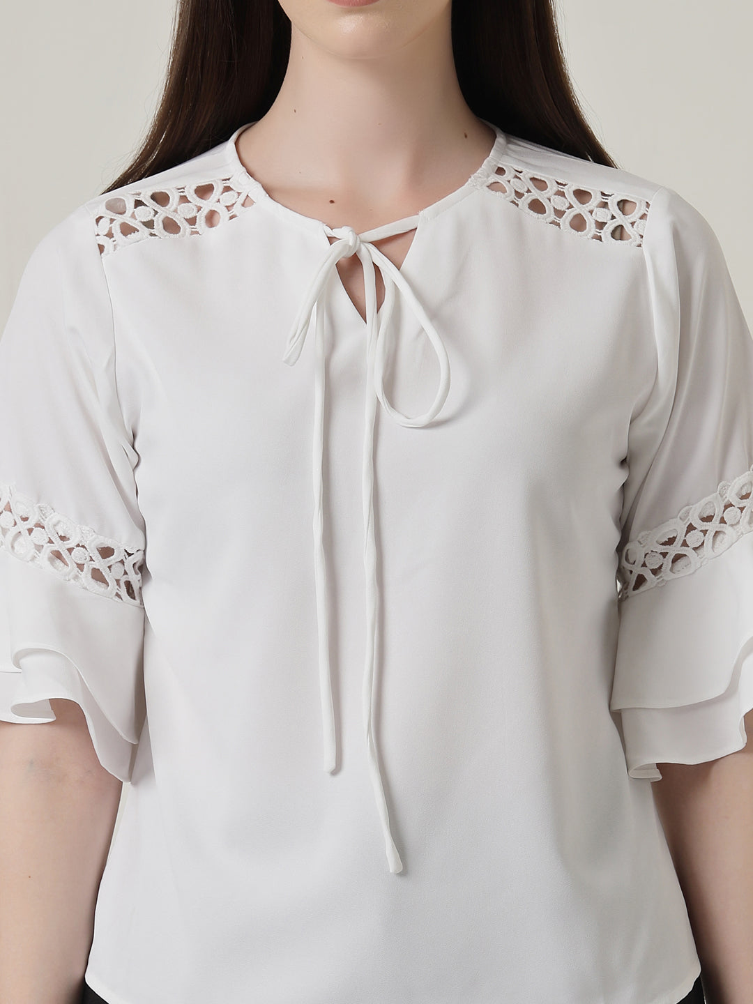 Style Quotient Women Solid White Polymoss Regular Fit Smart Casual Lace Insert Top