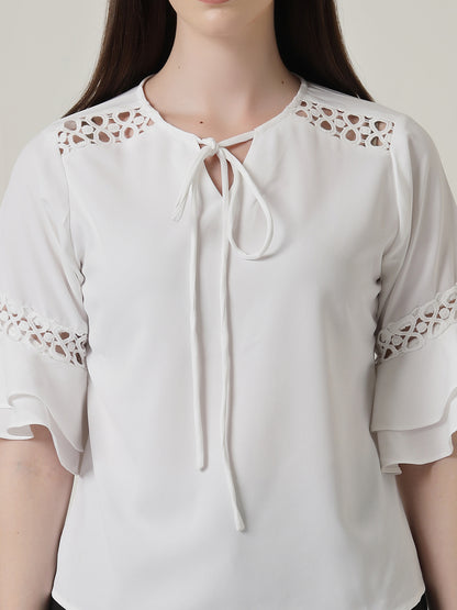 Style Quotient Women Solid White Polymoss Regular Fit Smart Casual Lace Insert Top