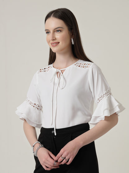 Style Quotient Women Solid White Polymoss Regular Fit Smart Casual Lace Insert Top
