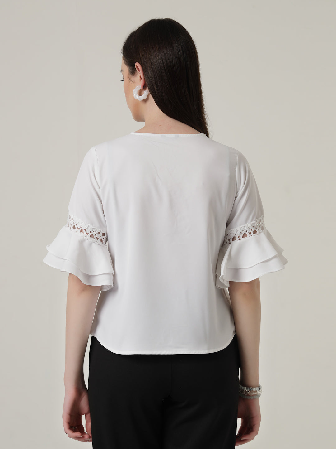 Style Quotient Women Solid White Polymoss Regular Fit Smart Casual Lace Insert Top