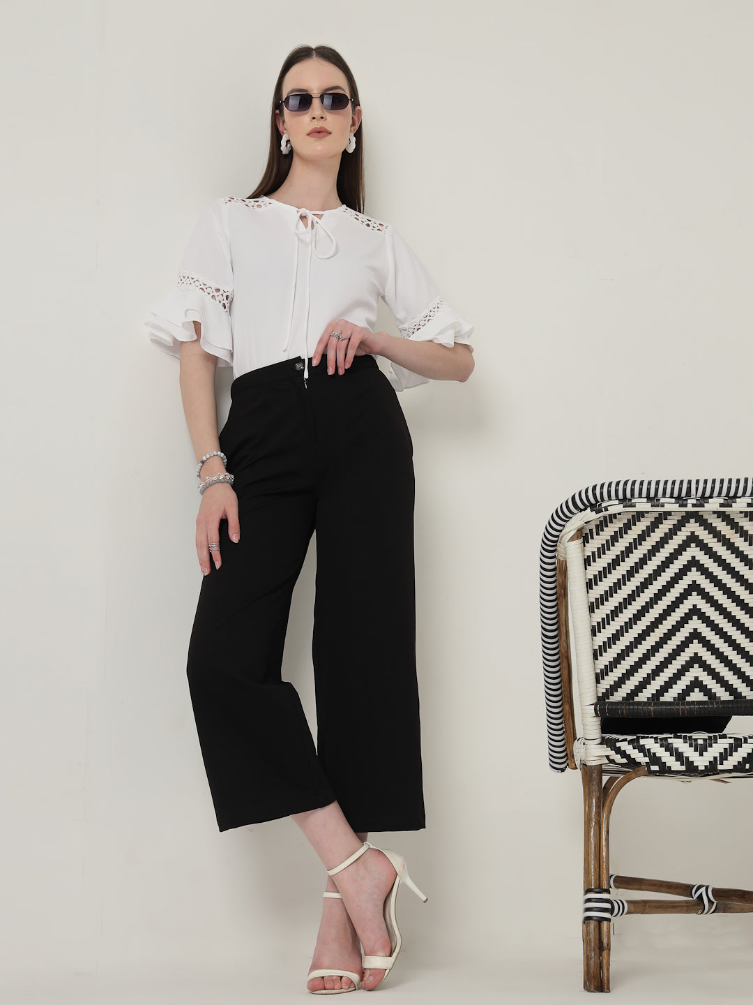 Style Quotient Women Solid White Polymoss Regular Fit Smart Casual Lace Insert Top