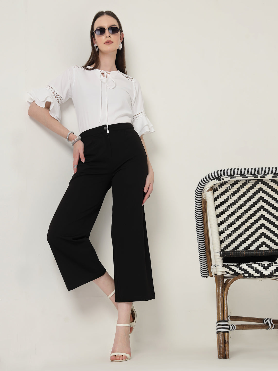 Style Quotient Women Solid White Polymoss Regular Fit Smart Casual Lace Insert Top