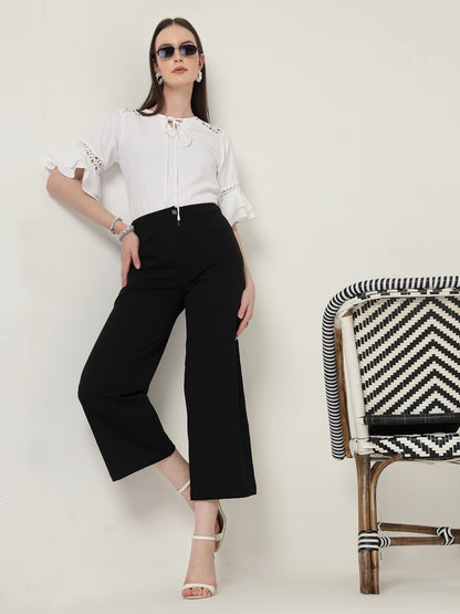 Style Quotient Women Solid White Polymoss Regular Fit Smart Casual Lace Insert Top