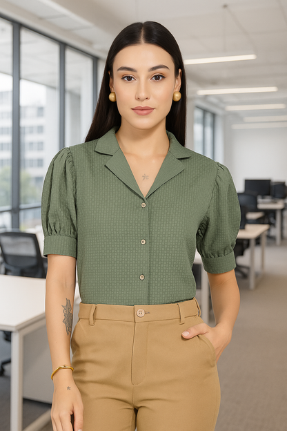 Style Quotient Women Sage Green Solid Texture Polyester Puff Sleeve Formal Shirt