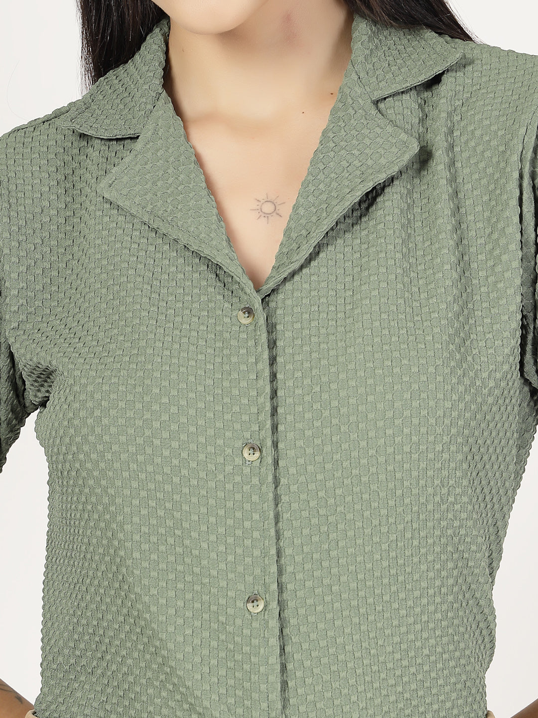 Style Quotient Women Sage Green Solid Texture Polyester Puff Sleeve Formal Shirt
