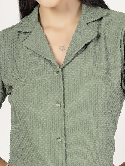 Style Quotient Women Sage Green Solid Texture Polyester Puff Sleeve Formal Shirt