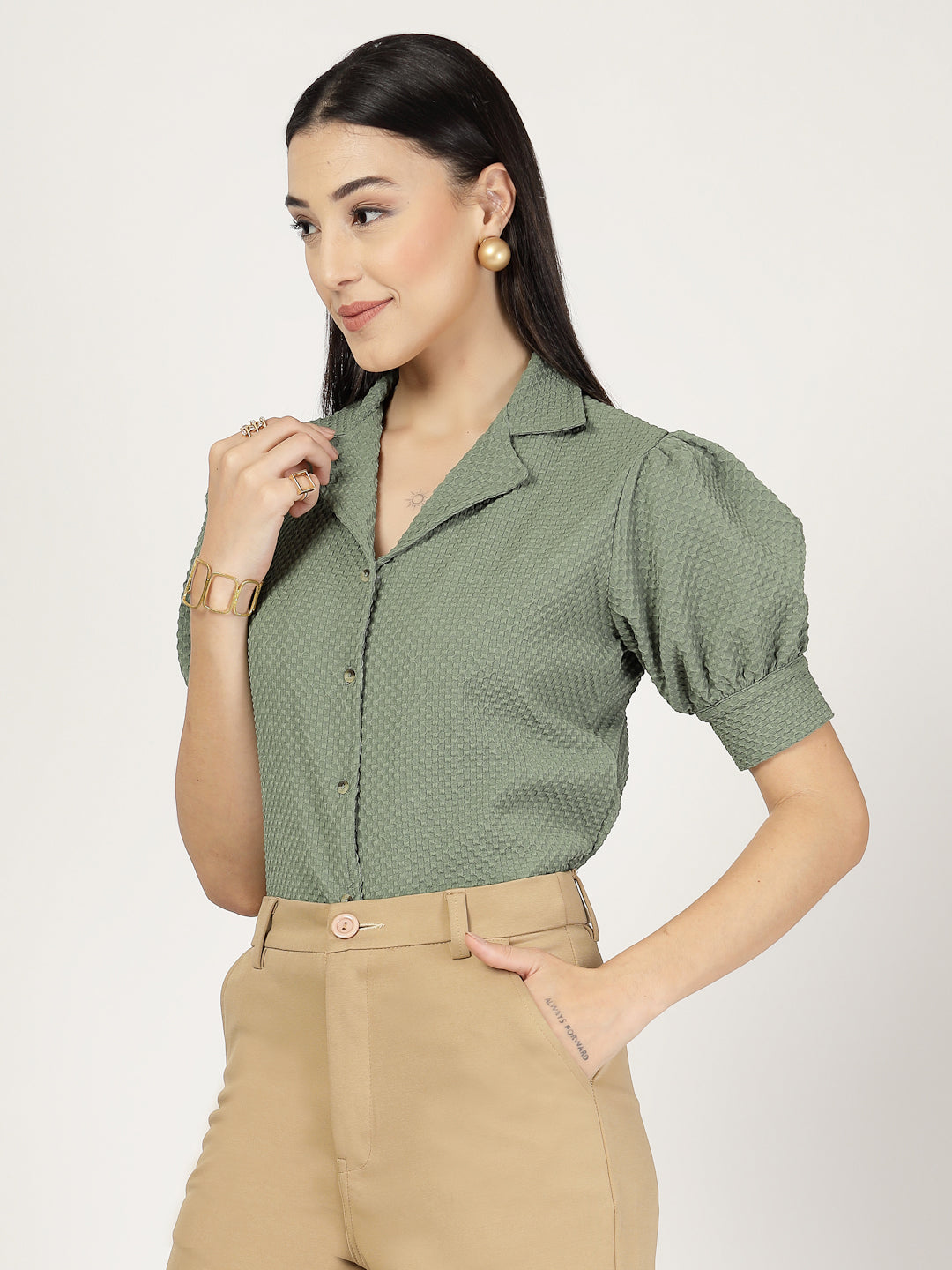 Style Quotient Women Sage Green Solid Texture Polyester Puff Sleeve Formal Shirt