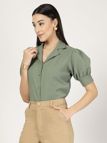 Style Quotient Women Sage Green Solid Texture Polyester Puff Sleeve Formal Shirt
