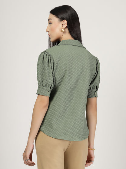 Style Quotient Women Sage Green Solid Texture Polyester Puff Sleeve Formal Shirt