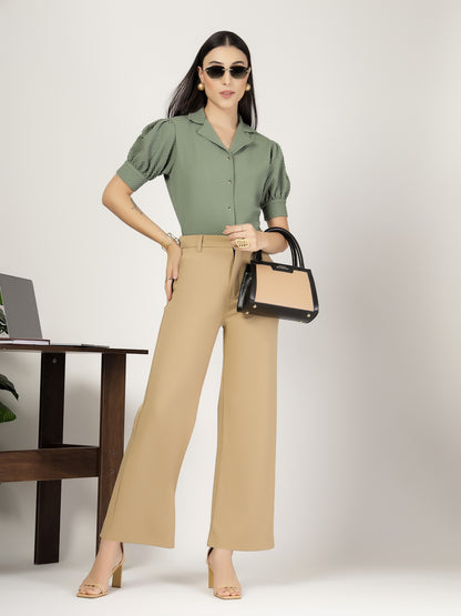 Style Quotient Women Sage Green Solid Texture Polyester Puff Sleeve Formal Shirt