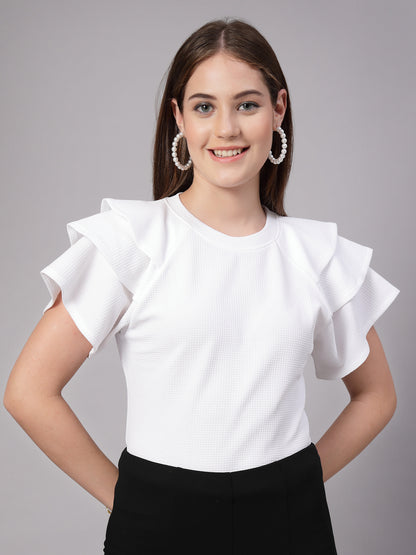 Style Quotient Women Solid Texture White Slim Fit Smart Casual Polyknit Top