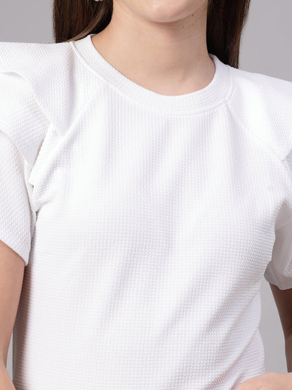 Style Quotient Women Solid Texture White Slim Fit Smart Casual Polyknit Top
