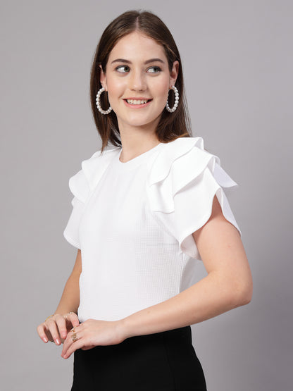 Style Quotient Women Solid Texture White Slim Fit Smart Casual Polyknit Top