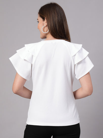 Style Quotient Women Solid Texture White Slim Fit Smart Casual Polyknit Top