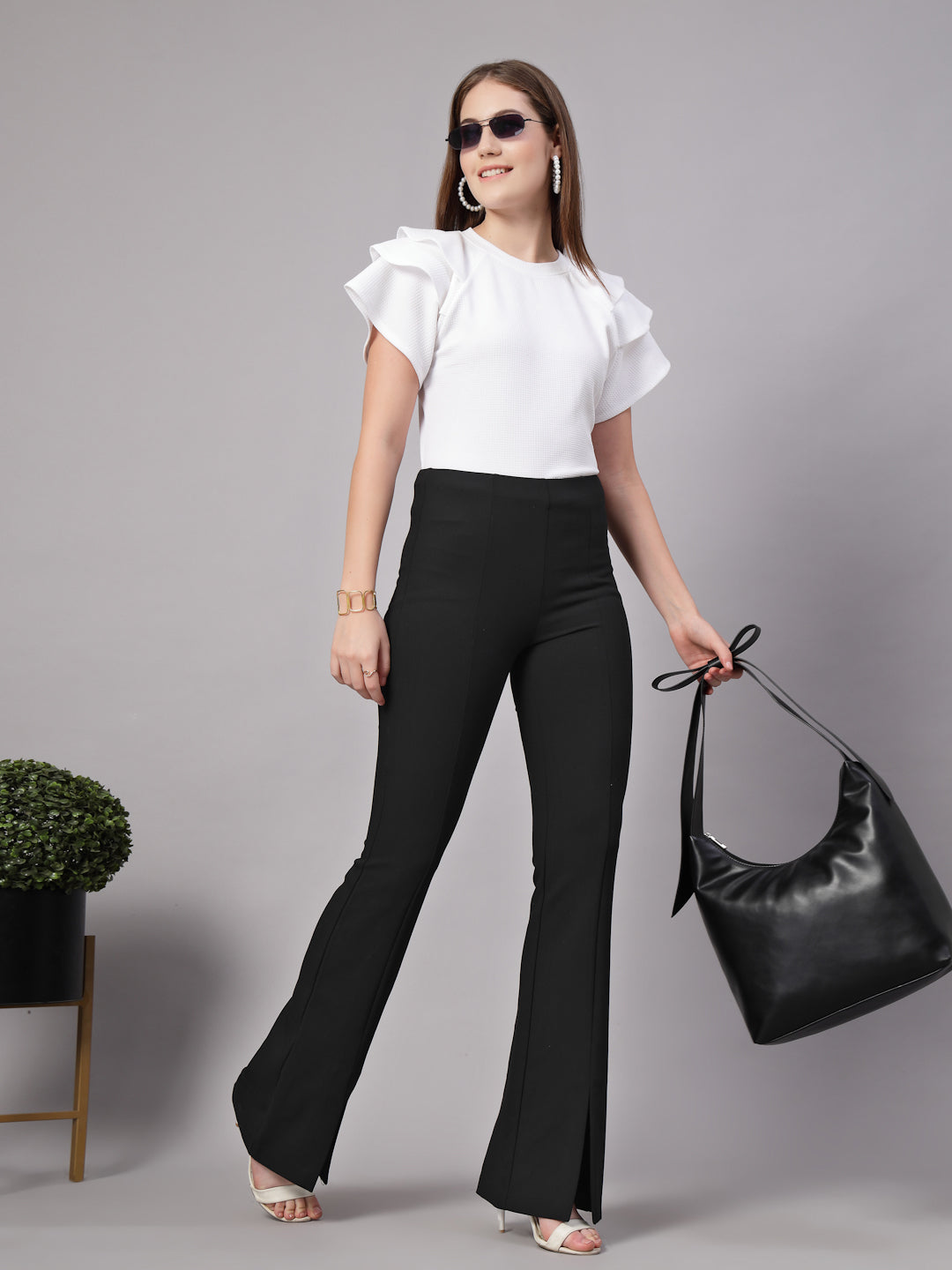 Style Quotient Women Solid Texture White Slim Fit Smart Casual Polyknit Top