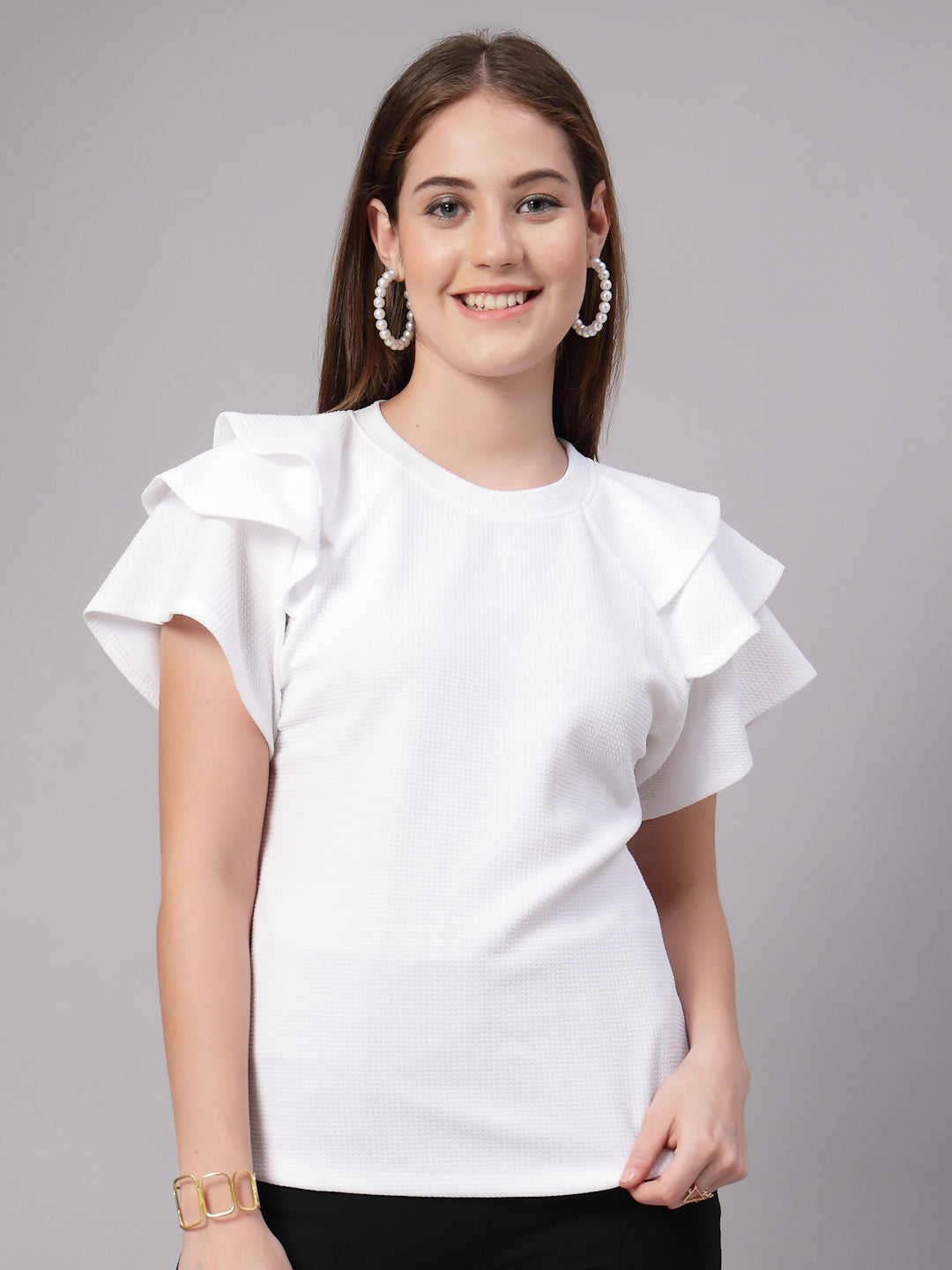 Style Quotient Women Solid Texture White Slim Fit Smart Casual Polyknit Top