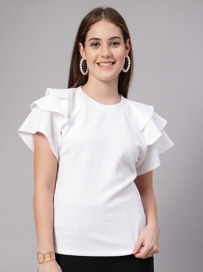 Style Quotient Women Solid Texture White Slim Fit Smart Casual Polyknit Top