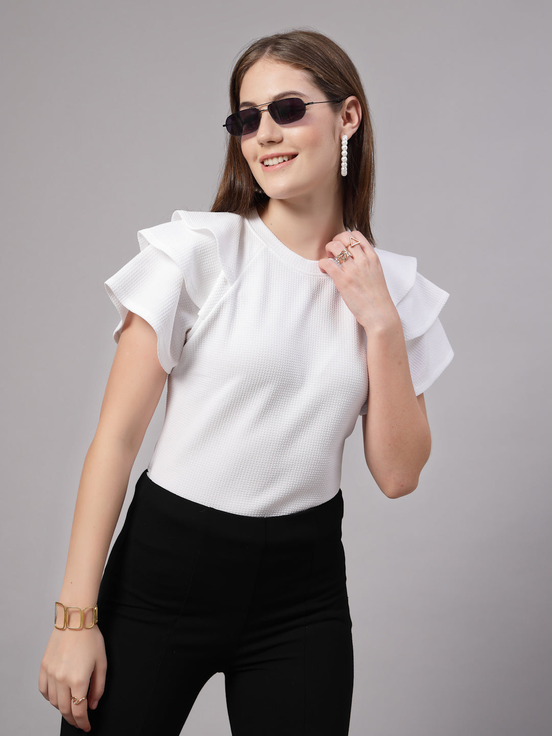 Style Quotient Women Solid Texture White Slim Fit Smart Casual Polyknit Top
