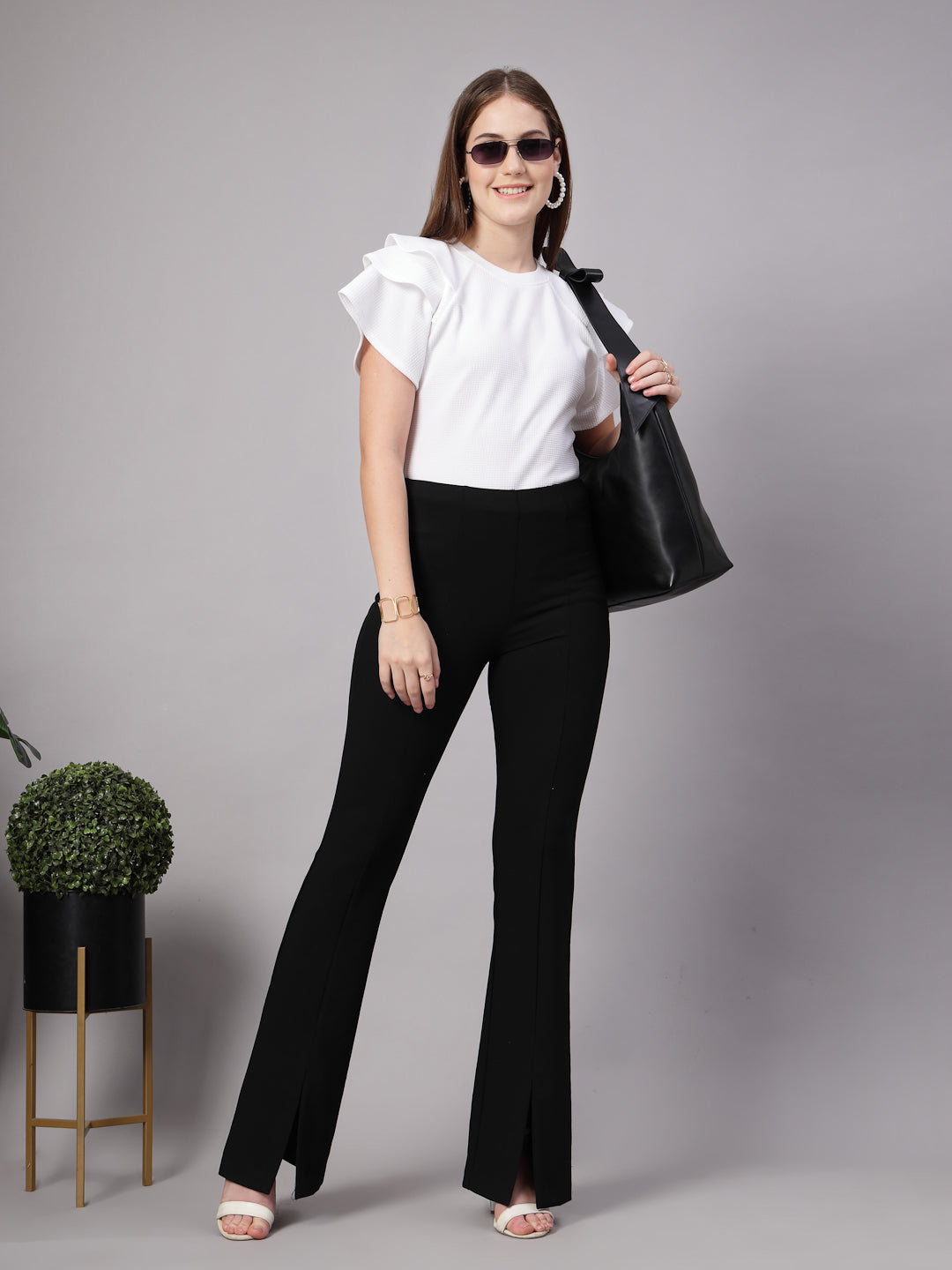 Style Quotient Women Solid Texture White Slim Fit Smart Casual Polyknit Top