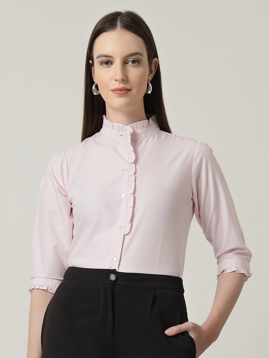 Style Quotient Women Pink Shirt with 3/4th sleeves & front frill