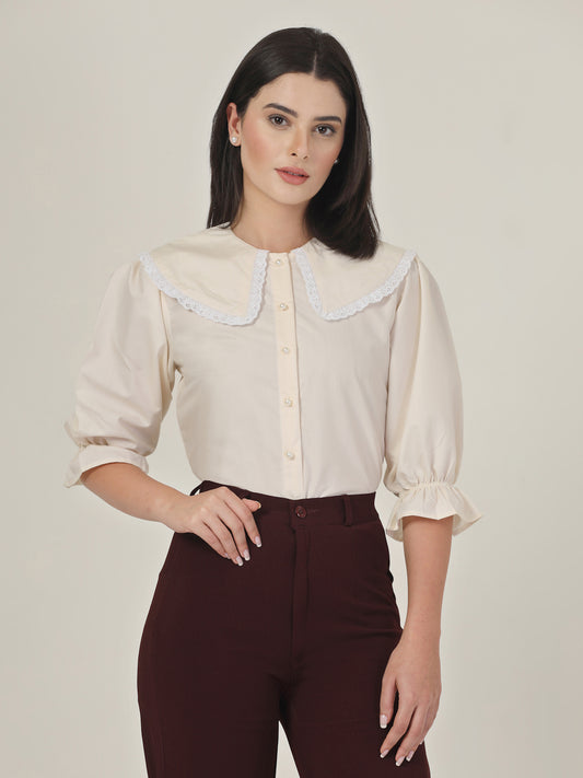 Style Quotient Women Beige Shirt with Peter Pan Collar