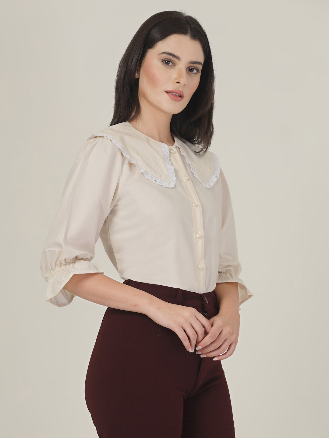 Style Quotient Women Beige Shirt with Peter Pan Collar