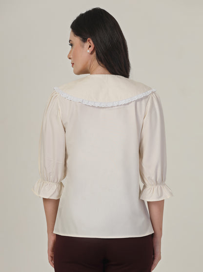 Style Quotient Women Beige Shirt with Peter Pan Collar