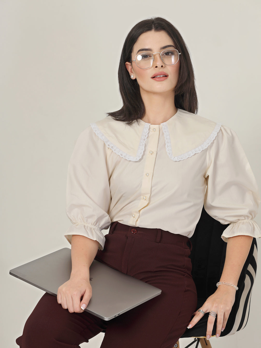 Style Quotient Women Beige Shirt with Peter Pan Collar