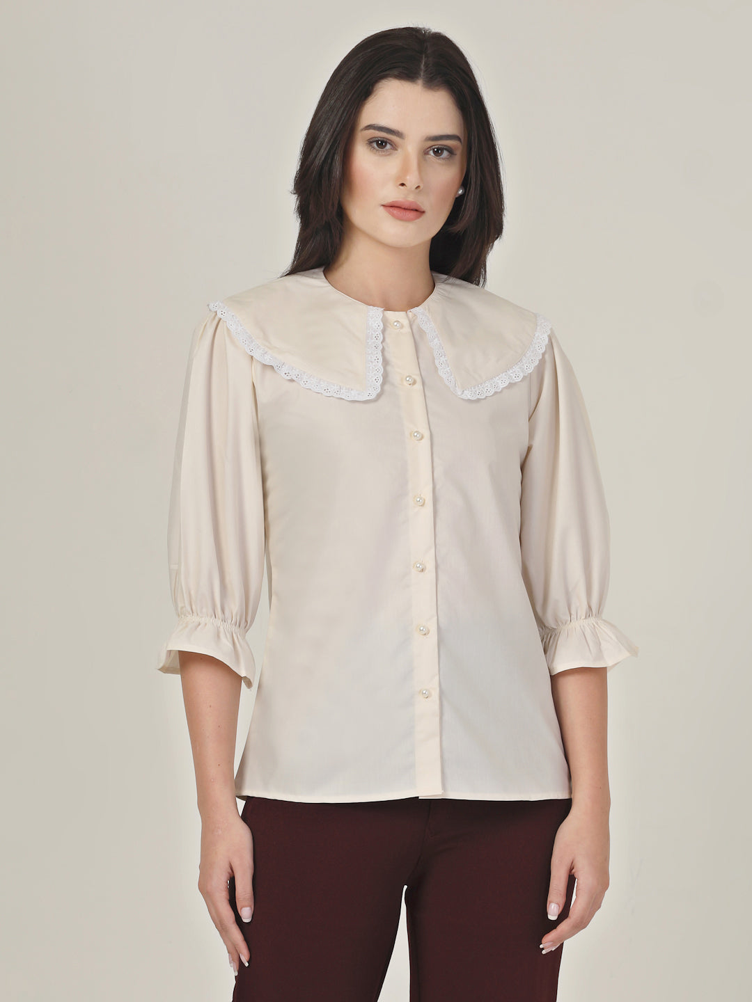 Style Quotient Women Beige Shirt with Peter Pan Collar