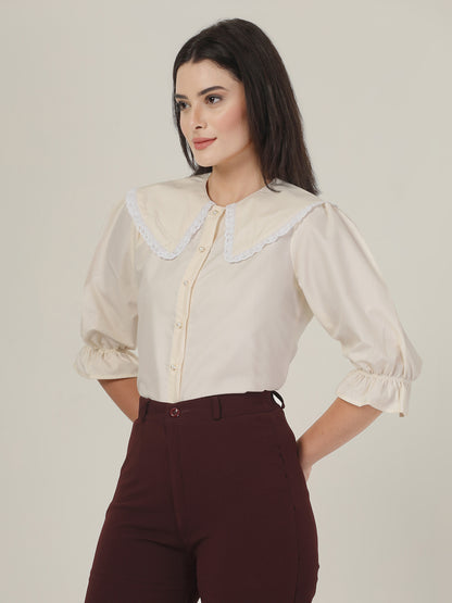 Style Quotient Women Beige Shirt with Peter Pan Collar