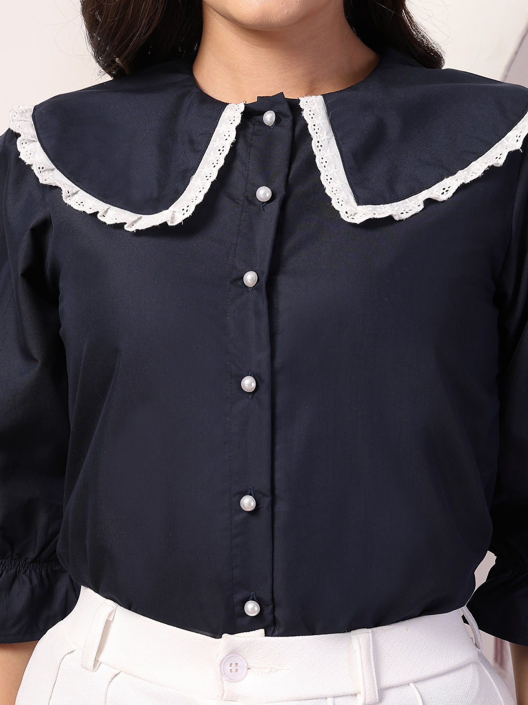 Style Quotient Women Navy Blue Victorian Shirt