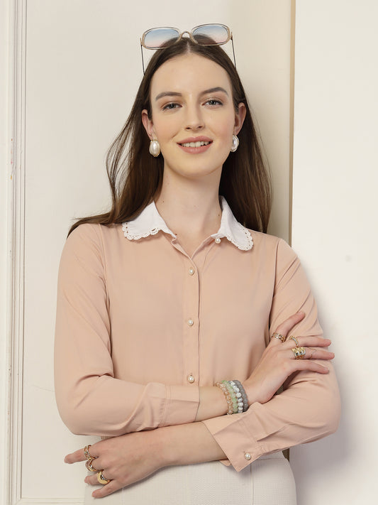 Style Quotient Women Nude And White Solid Polyester Formal Shirt