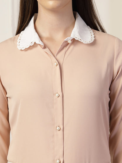 Style Quotient Women Nude And White Solid Polyester Formal Shirt