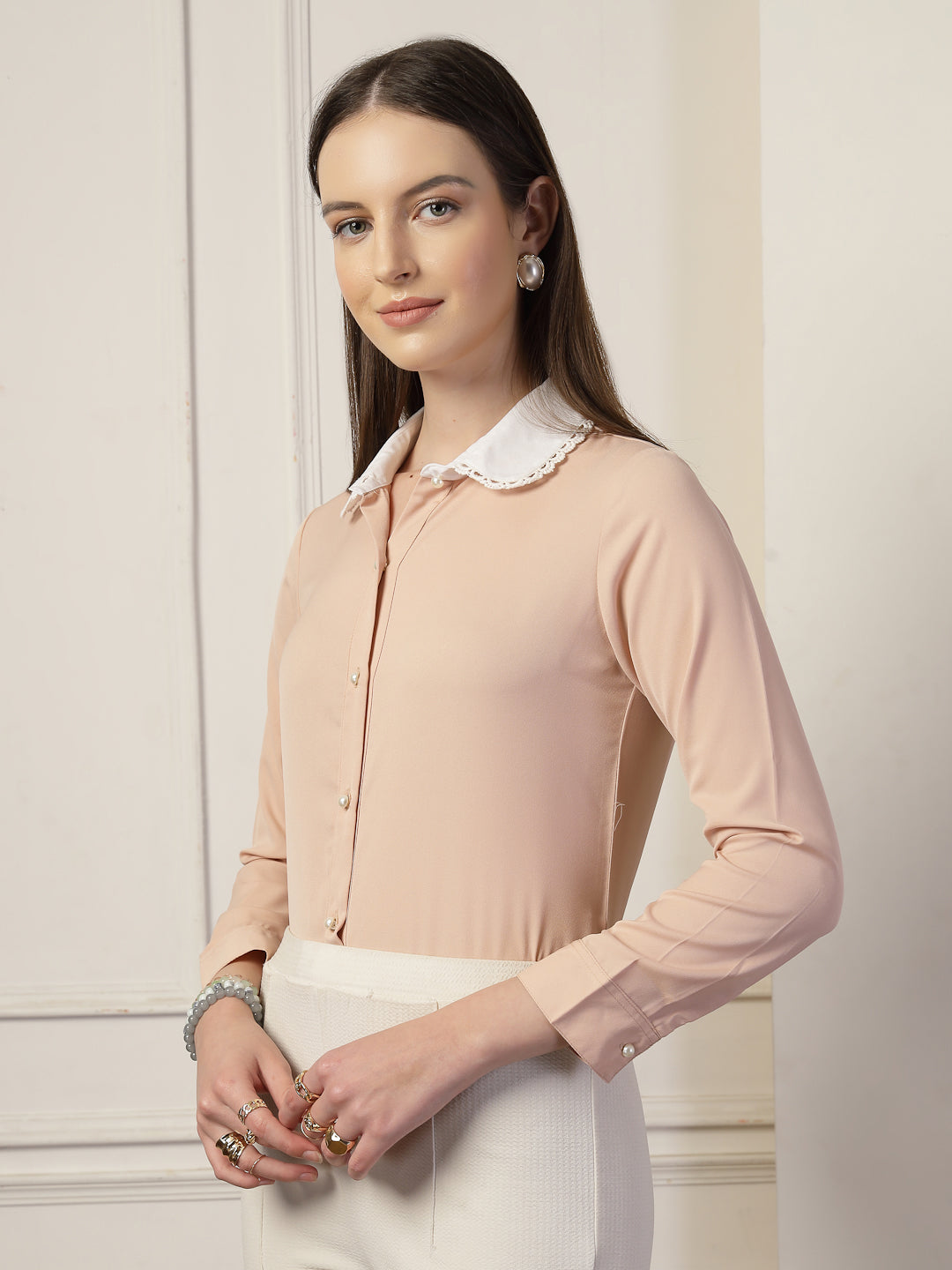 Style Quotient Women Nude And White Solid Polyester Formal Shirt