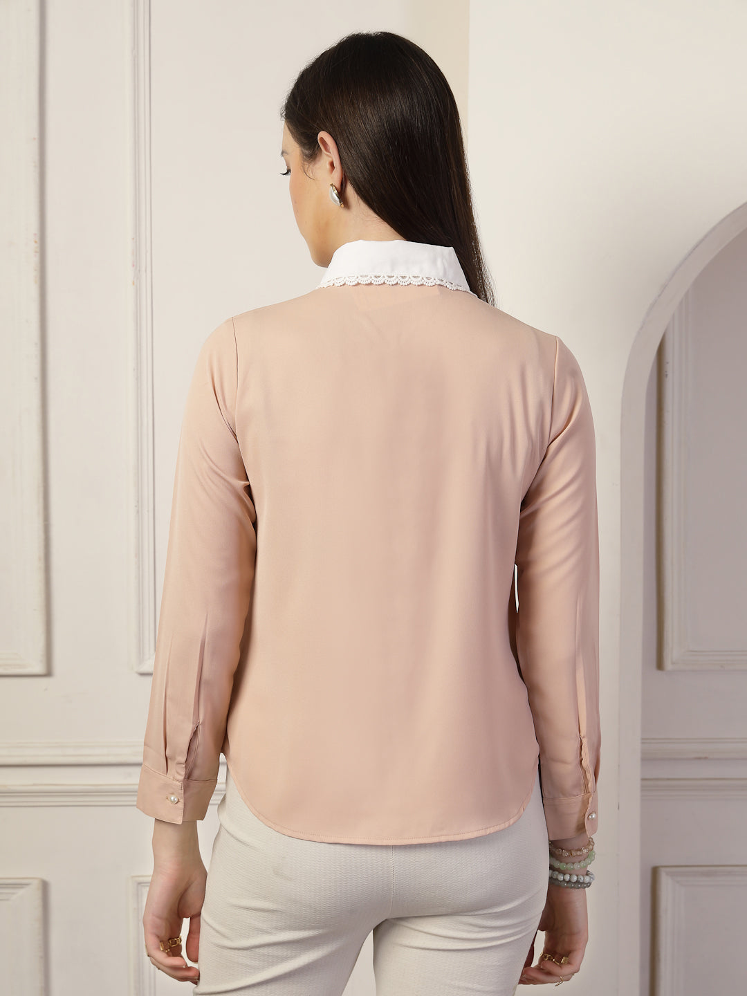 Style Quotient Women Nude And White Solid Polyester Formal Shirt