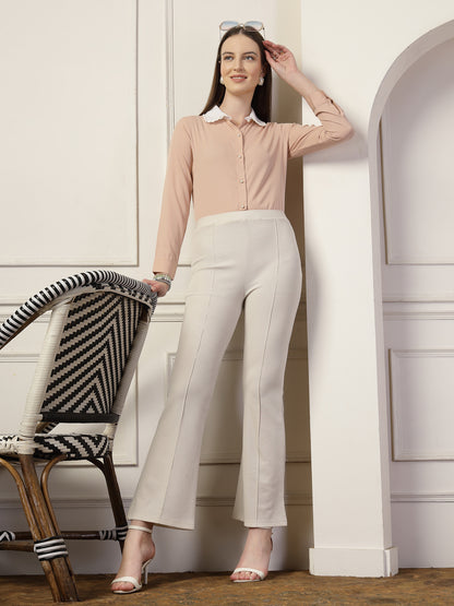 Style Quotient Women Nude And White Solid Polyester Formal Shirt