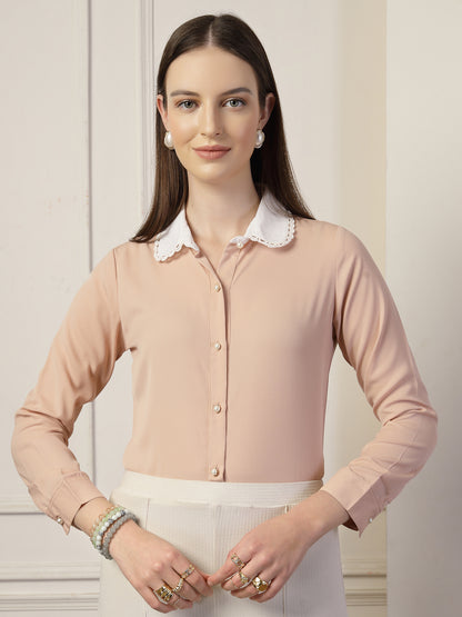 Style Quotient Women Nude And White Solid Polyester Formal Shirt