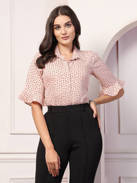 Style Quotient Women Smart Nude & Black Polk Dot Flare Sleeve Top