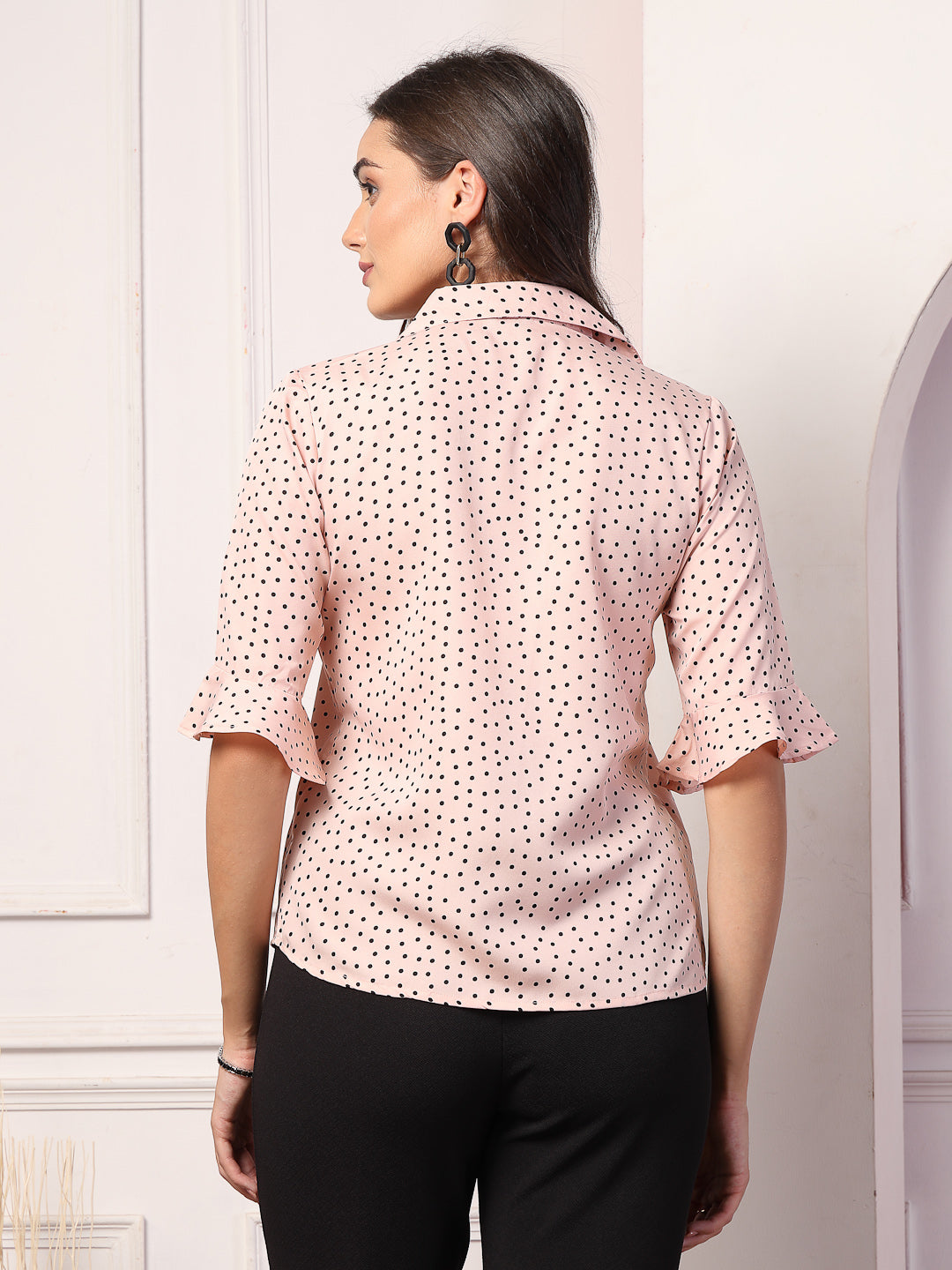 Style Quotient Women Smart Nude & Black Polk Dot Flare Sleeve Top