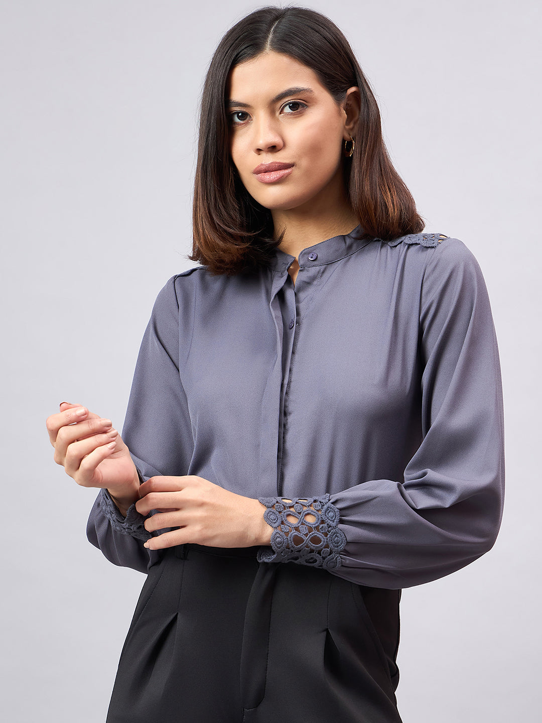 Style Quotient Women Solid Grey Polymoss Regular Fit Formal Shirt