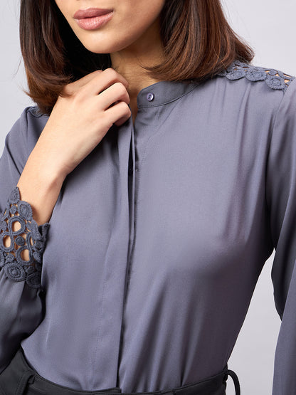 Style Quotient Women Solid Grey Polymoss Regular Fit Formal Shirt