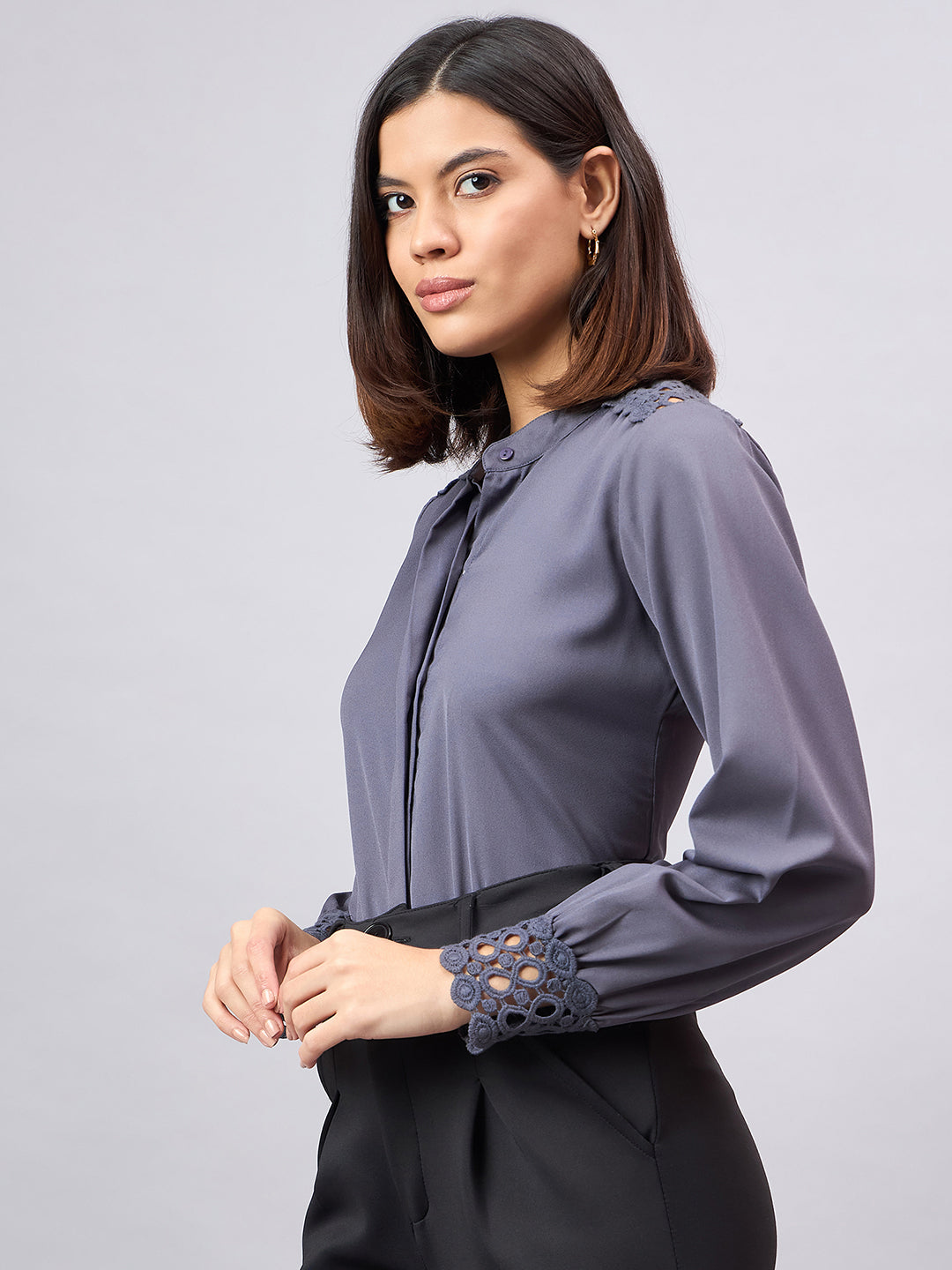 Style Quotient Women Solid Grey Polymoss Regular Fit Formal Shirt