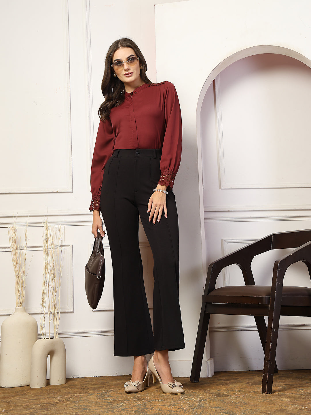 Style Quotient Women Solid Maroon Polymoss Shirt