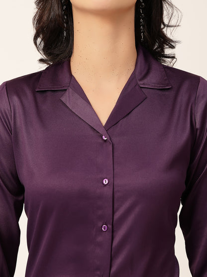 Style Quotient Women Wine Solid Satin Shirt