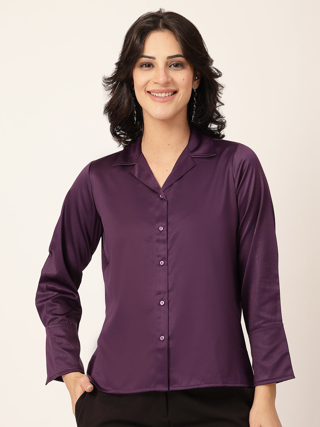Style Quotient Women Wine Solid Satin Shirt