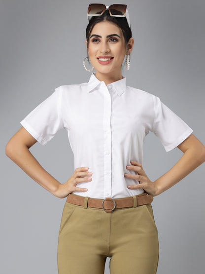 Style Quotient Women White Cotton Blend Formal  Short Sleeve Shirt