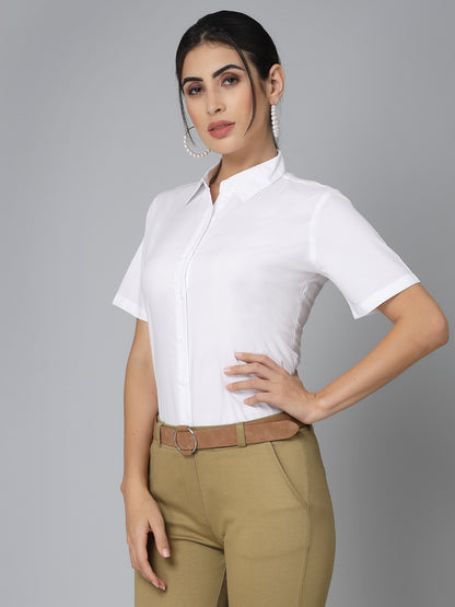 Style Quotient Women White Cotton Blend Formal  Short Sleeve Shirt