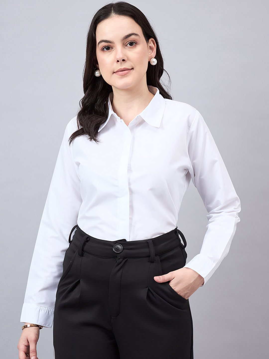 Style Quotient Women White Cotton Blend Formal Long Sleeve Shirt